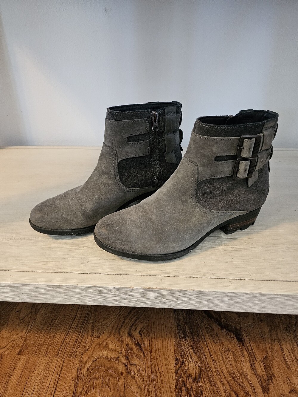Women's Sorel Gray Suede Ankle Boots with Buckle Detail